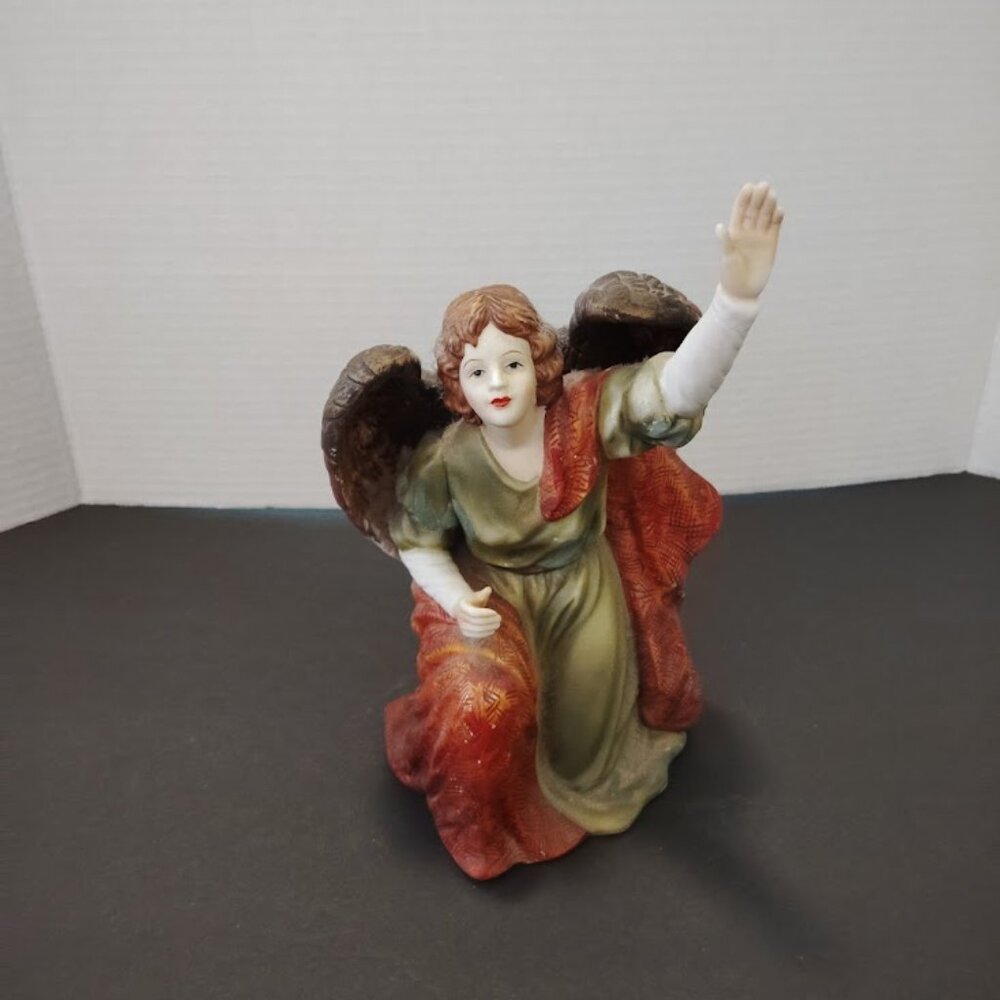 O'Well Hand Painted Porcelain Angel Figurine - 10 Inches Tall -Kneeling, Green